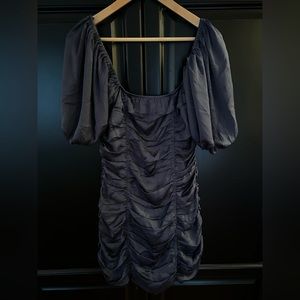 Navy Square Neck Ruched Bodycon Dress with Bubble Sleeve, Size Large
